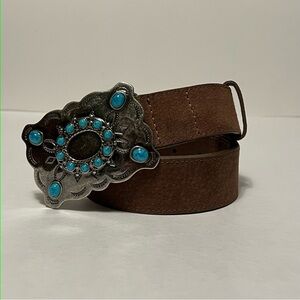 Brown suede belt with silver buckle and turquoise stones